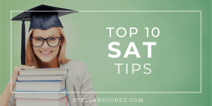 girl with stack of ACT and SAT study books with a graduation cap on